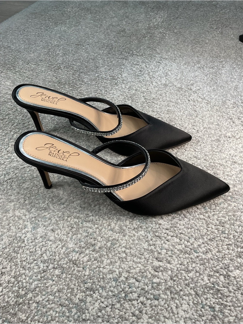 Jewel Badgley Mischka Jan Black Satin Rhinestone Mule Pumps Heels Size 7.5 (NIB) - Picture 5 of 15